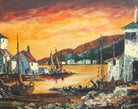 Fishing Village Sunset, Framed Signed Oil Painting