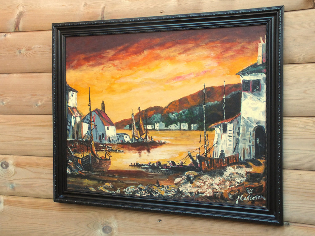Fishing Village Sunset, Framed Signed Oil Painting