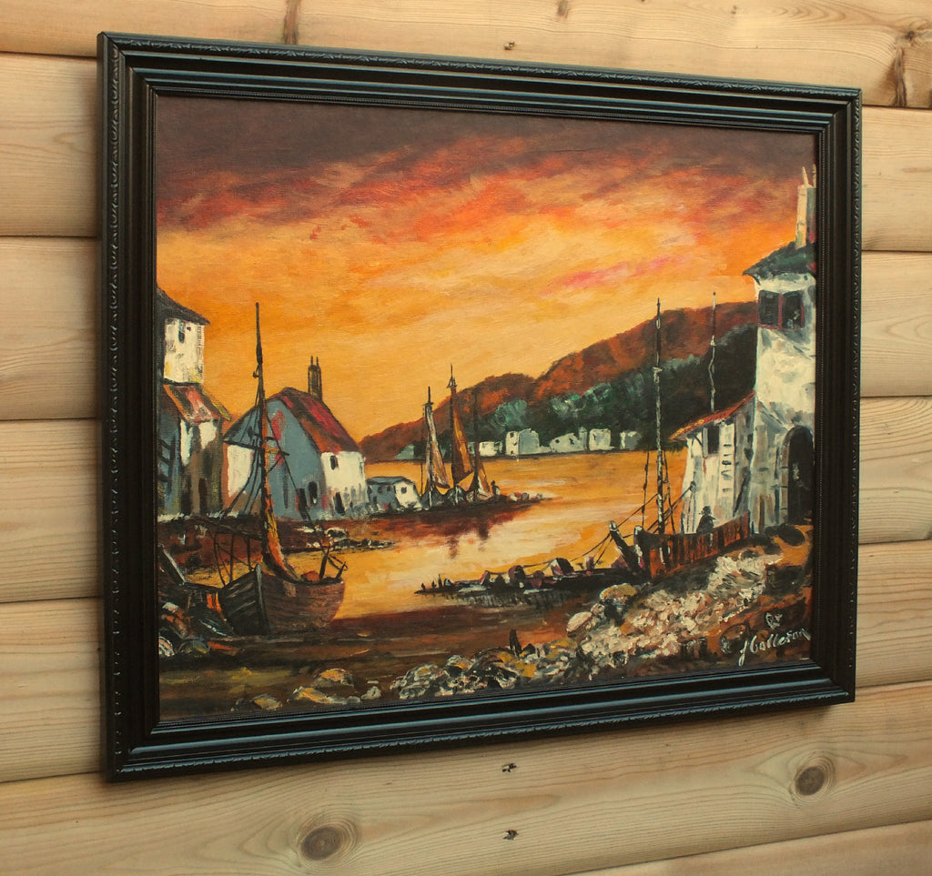 Fishing Village Sunset, Framed Signed Oil Painting