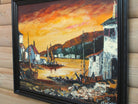 Fishing Village Sunset, Framed Signed Oil Painting