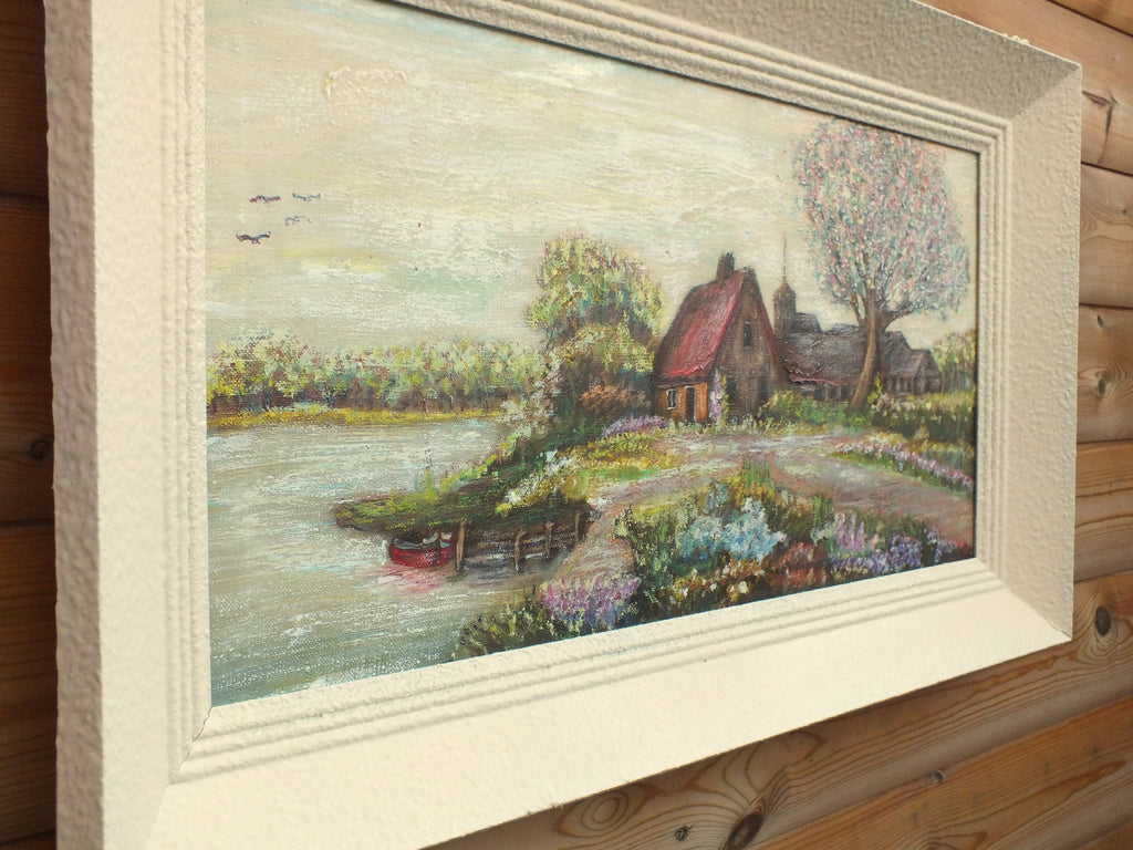 Lakeside Farm Landscape Oil Painting Framed Original