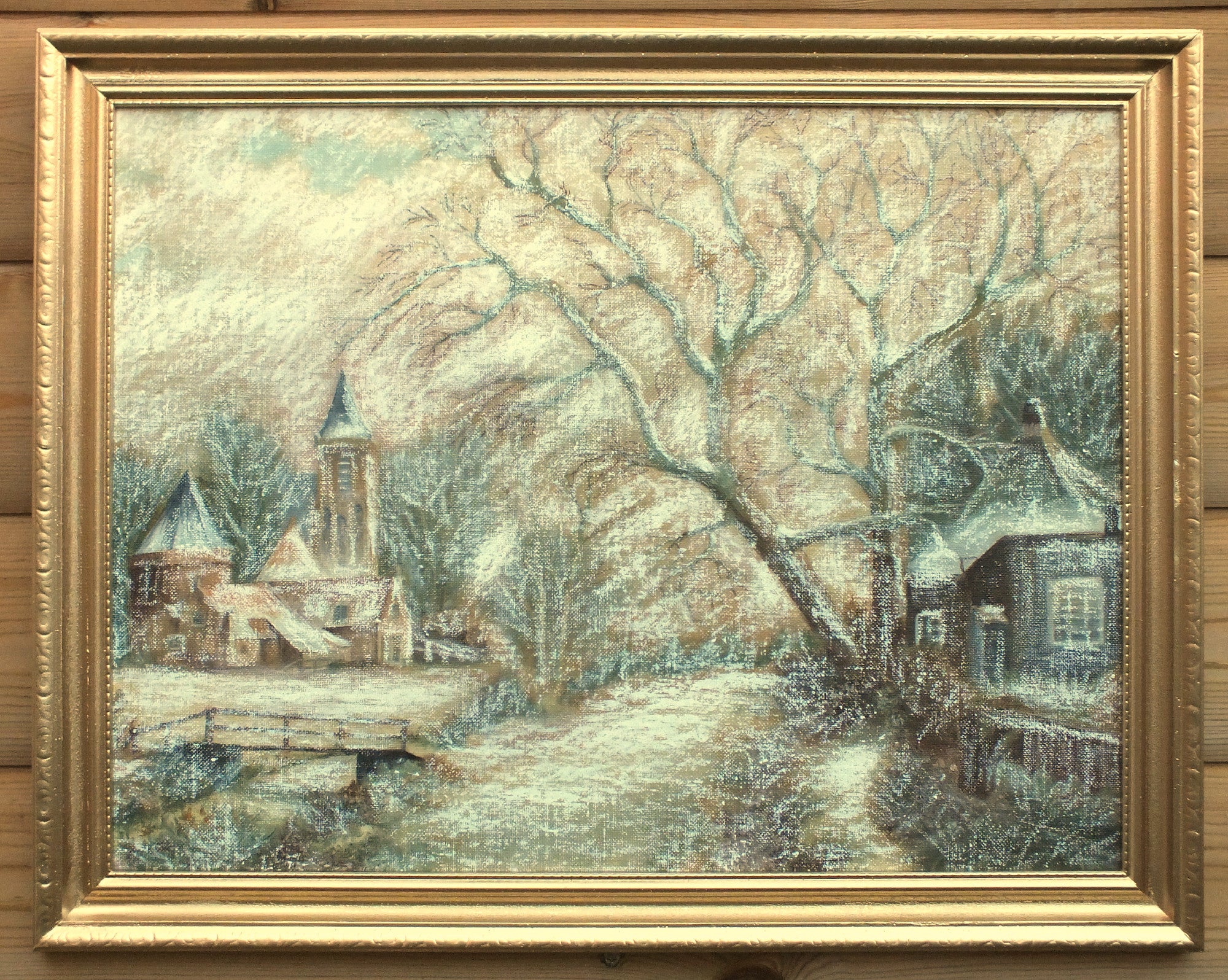 English Winter Landscape Oil Painting Framed Village Scene