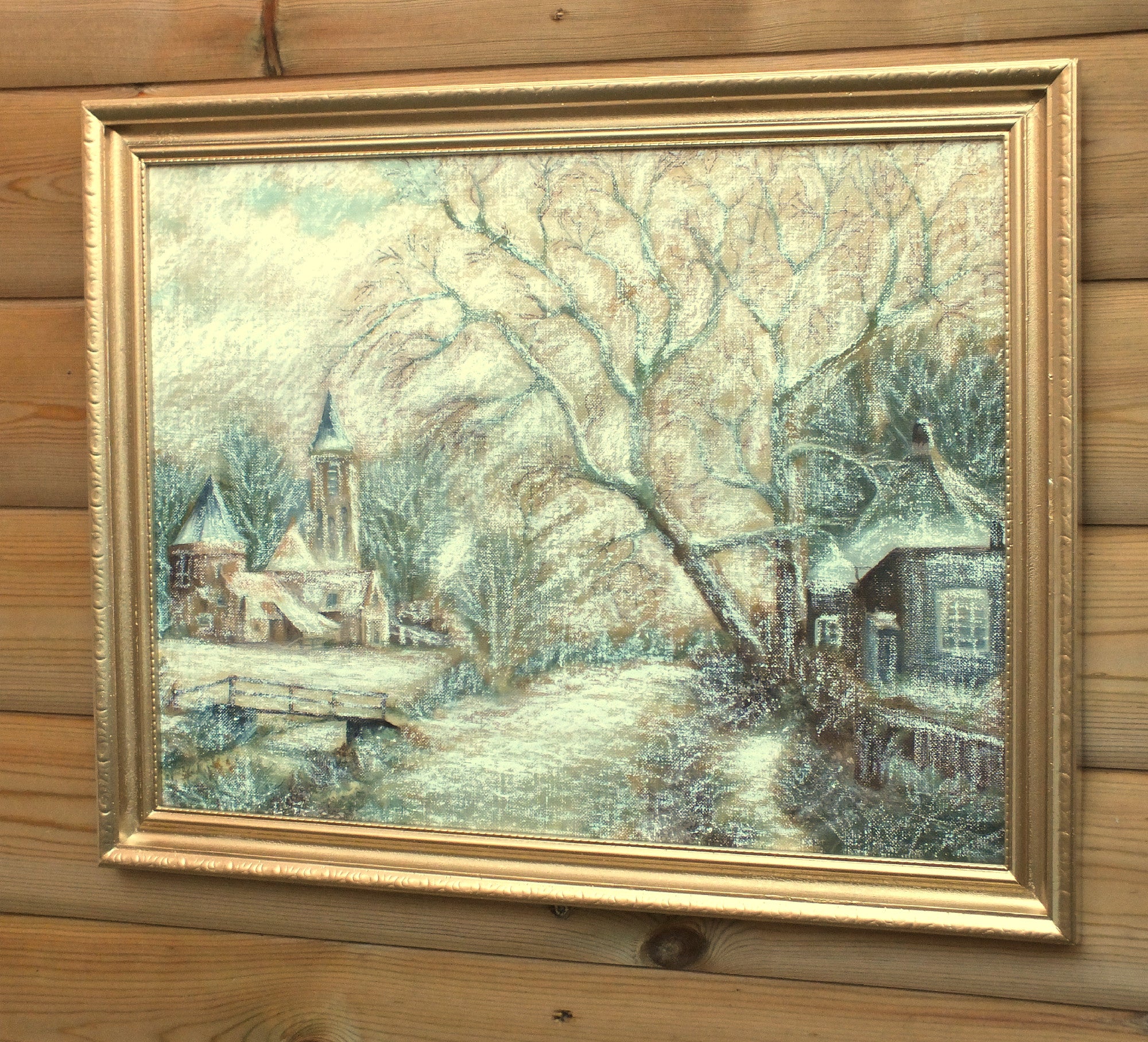 English Winter Landscape Oil Painting Framed Village Scene