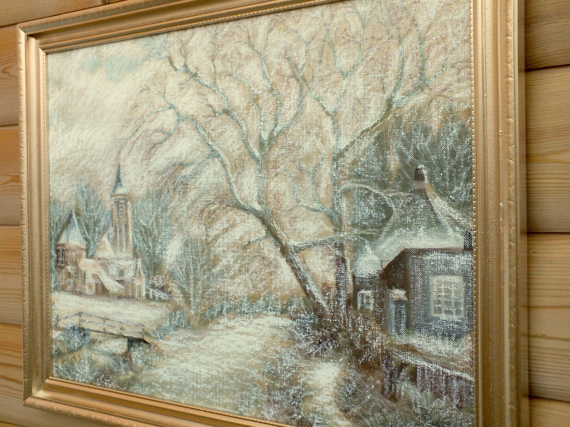 English Winter Landscape Oil Painting Framed Village Scene