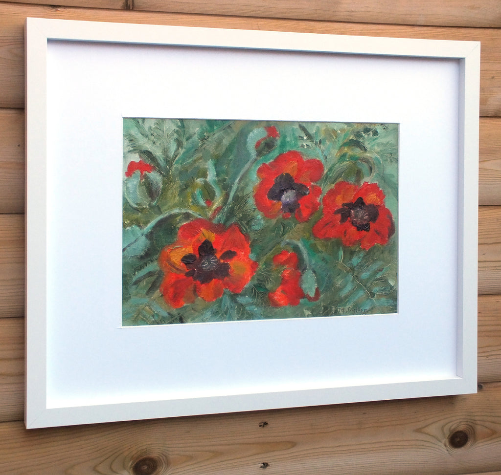 Red Poppies Vintage Oil Painting Framed Signed Original Flowers