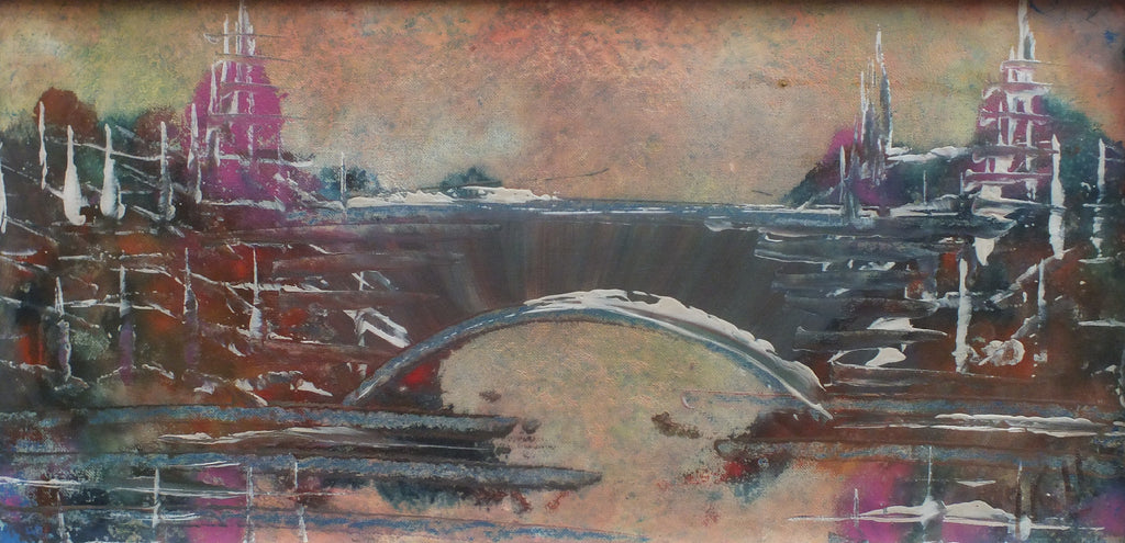 Notre Dame Bridge Paris Abstract Landscape Oil Painting Framed Original