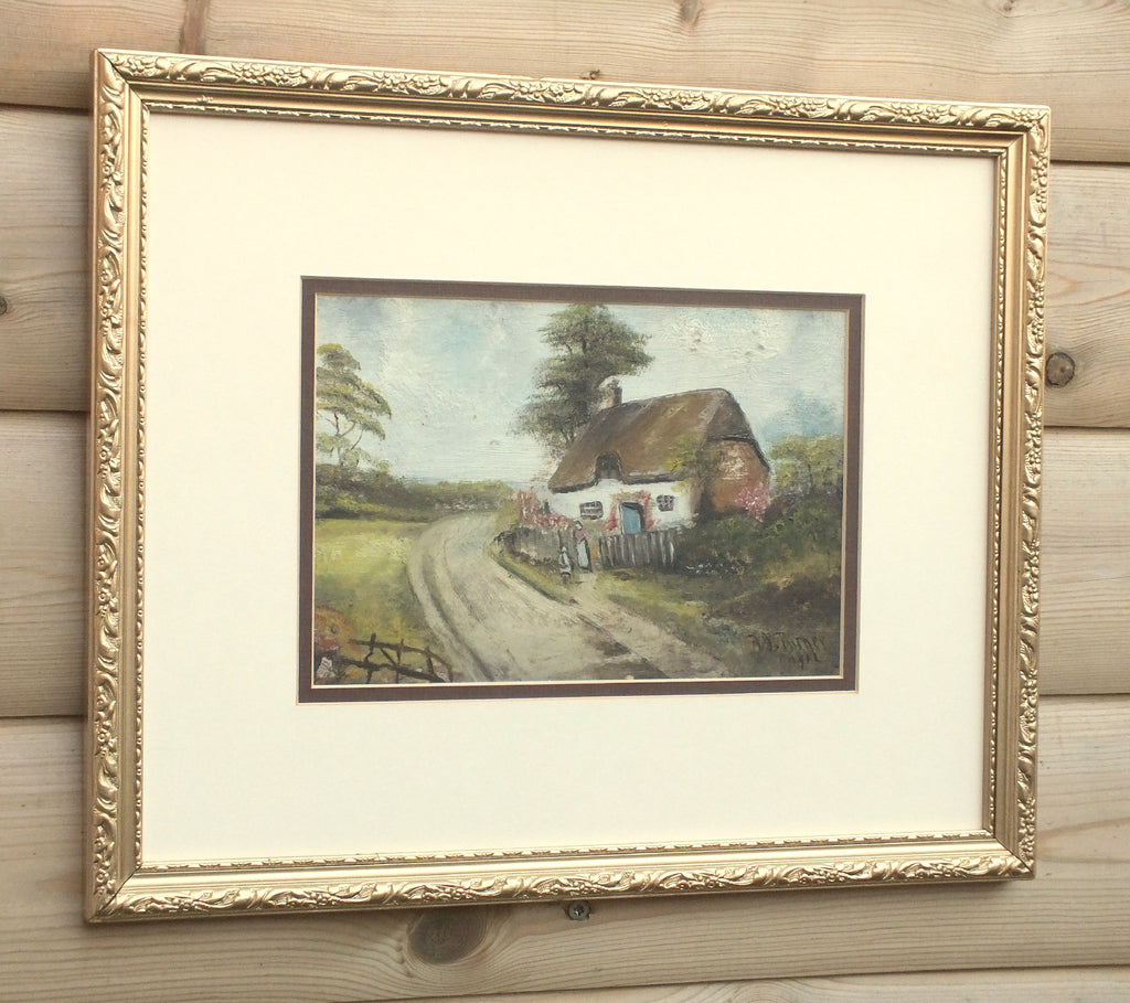 Thatched Cottage, English Country Landscape Oil Painting, Framed Signed