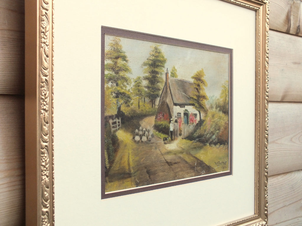 Thatched Cottage, English Farming Landscape Oil Painting, Framed Signed