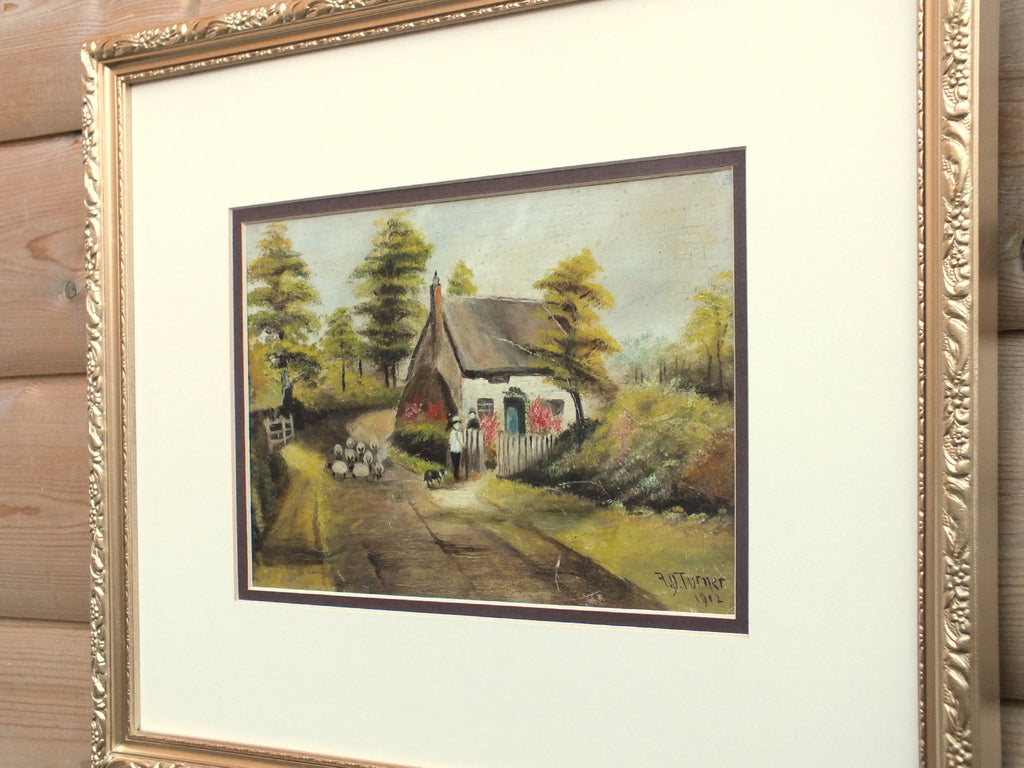 Thatched Cottage, English Farming Landscape Oil Painting, Framed Signed