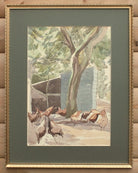 Chickens, Farming Scene Original Watercolour painting Framed, Mounted