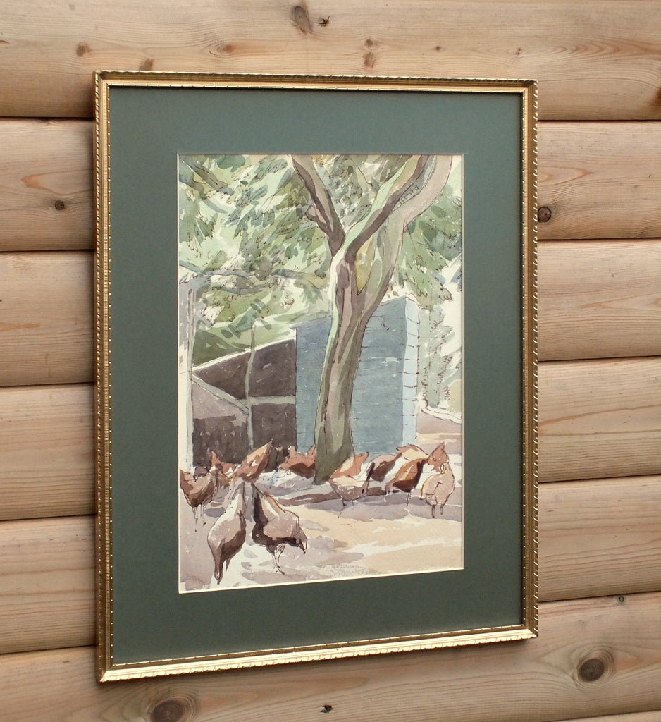 Chickens, Farming Scene Original Watercolour painting Framed, Mounted