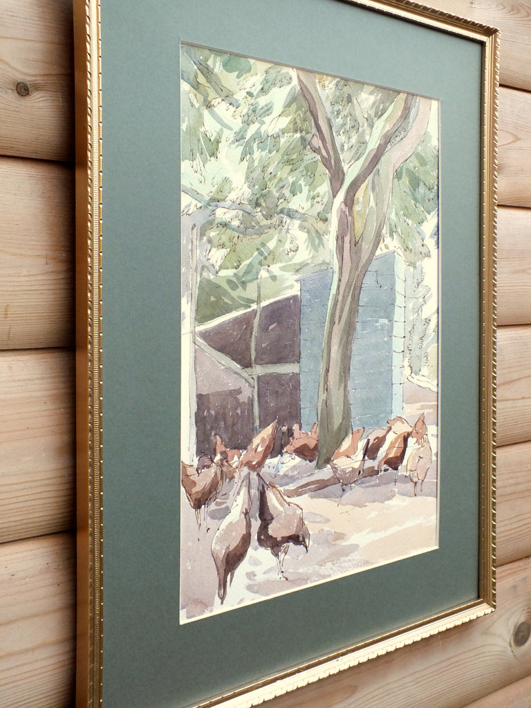 Chickens, Farming Scene Original Watercolour painting Framed, Mounted