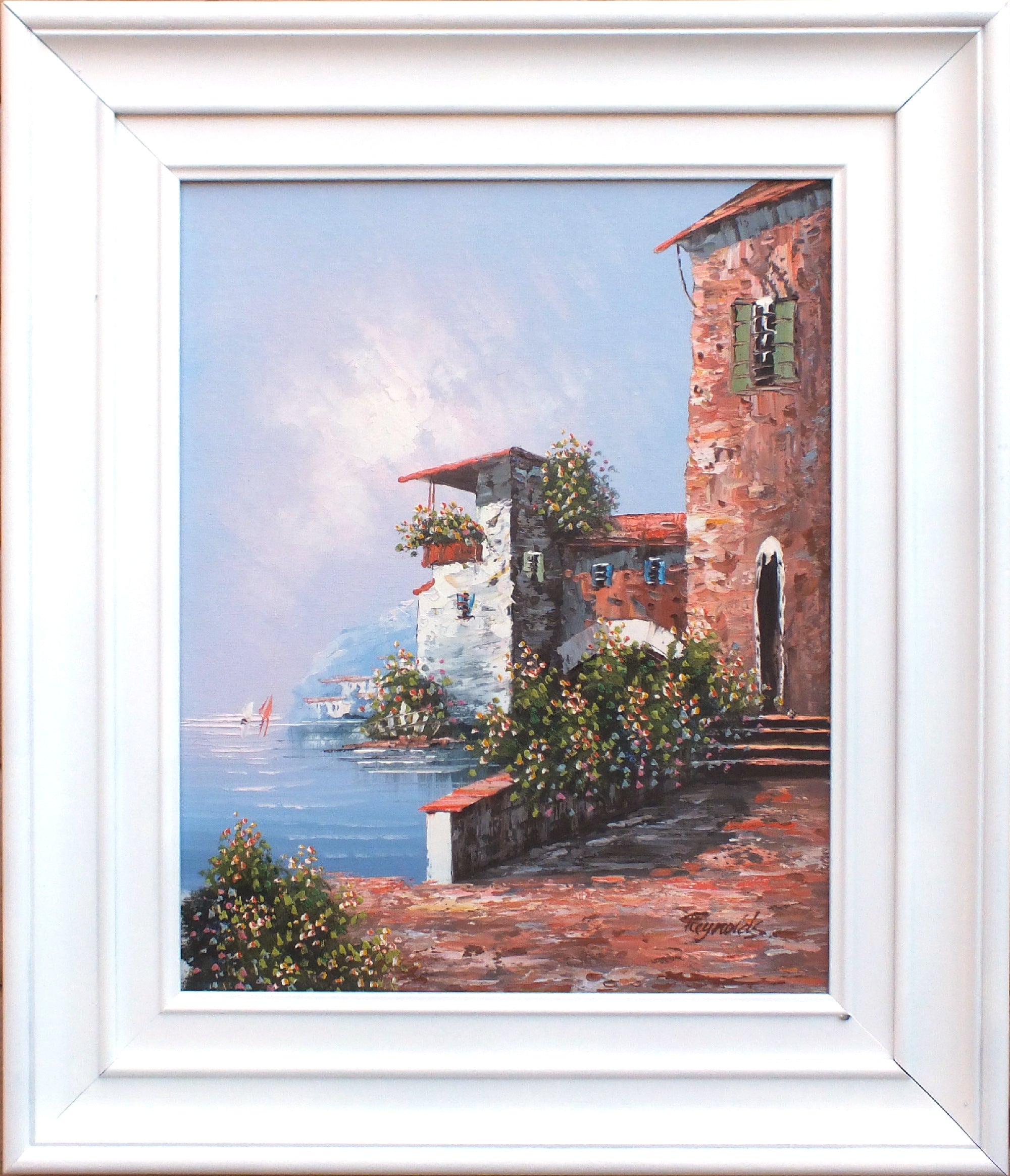 Greek Coastal Village Scene Oil Painting Framed Signed Original