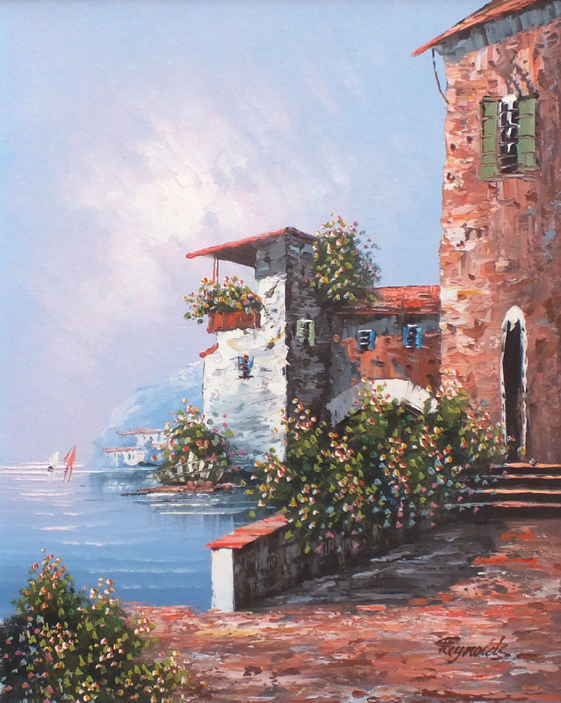 Greek Coastal Village Scene Oil Painting Framed Signed Original