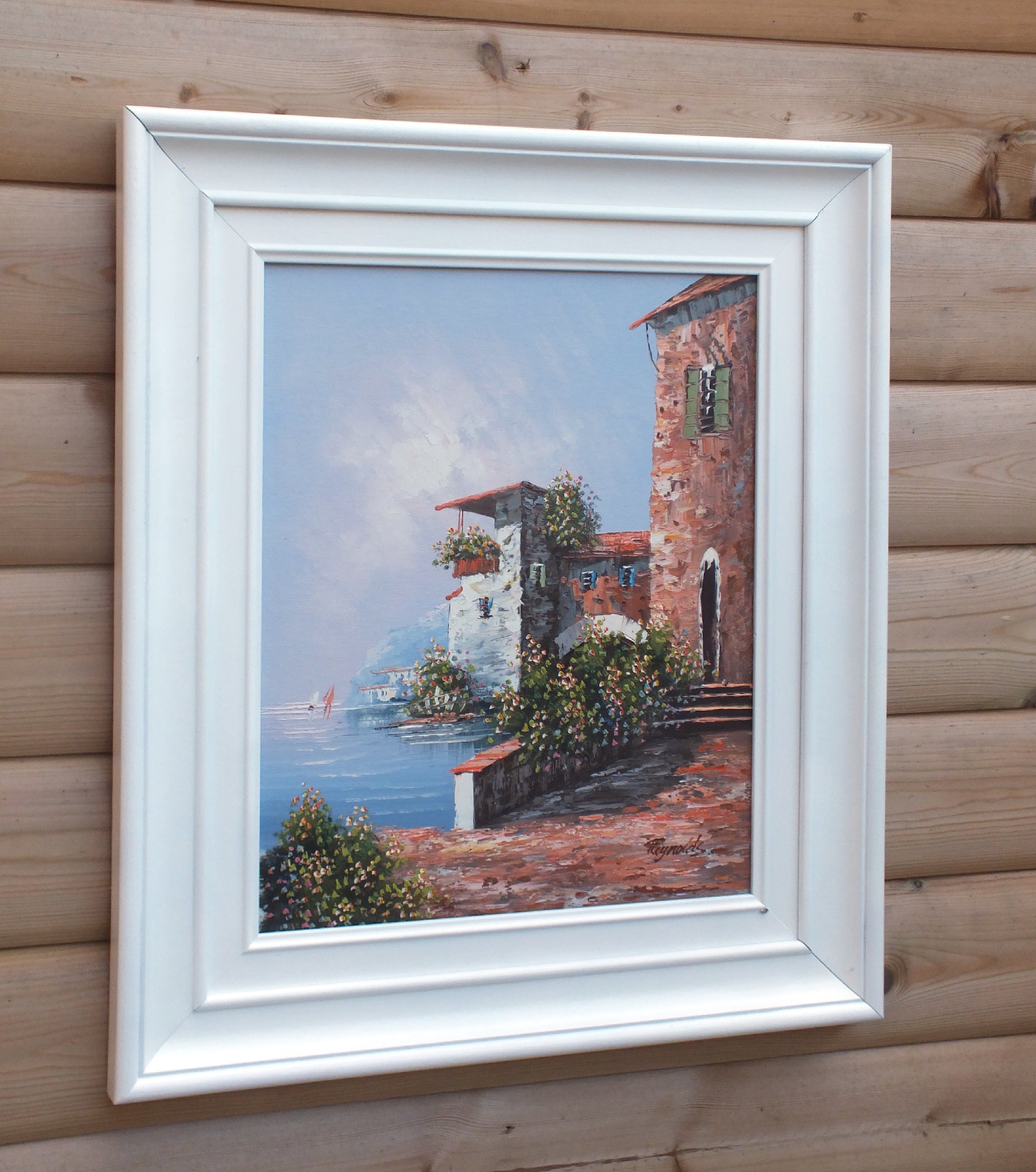 Greek Coastal Village Scene Oil Painting Framed Signed Original