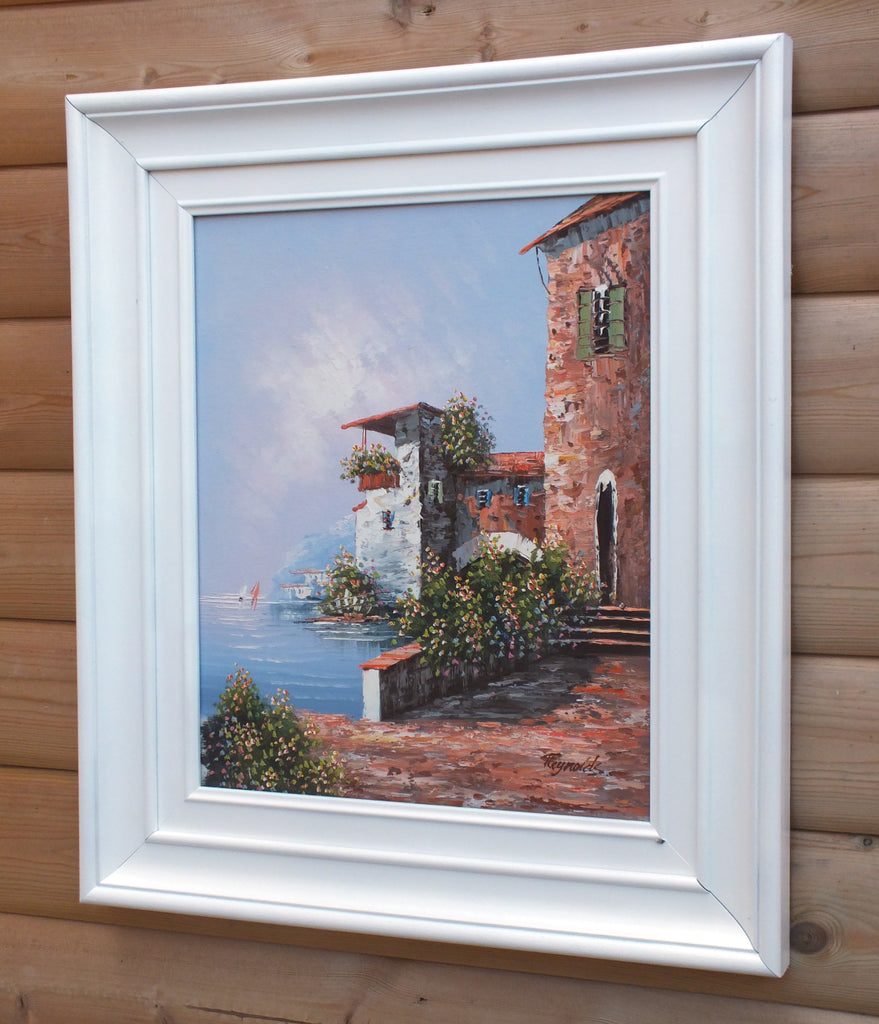 Greek Coastal Village Scene Oil Painting Framed Signed Original