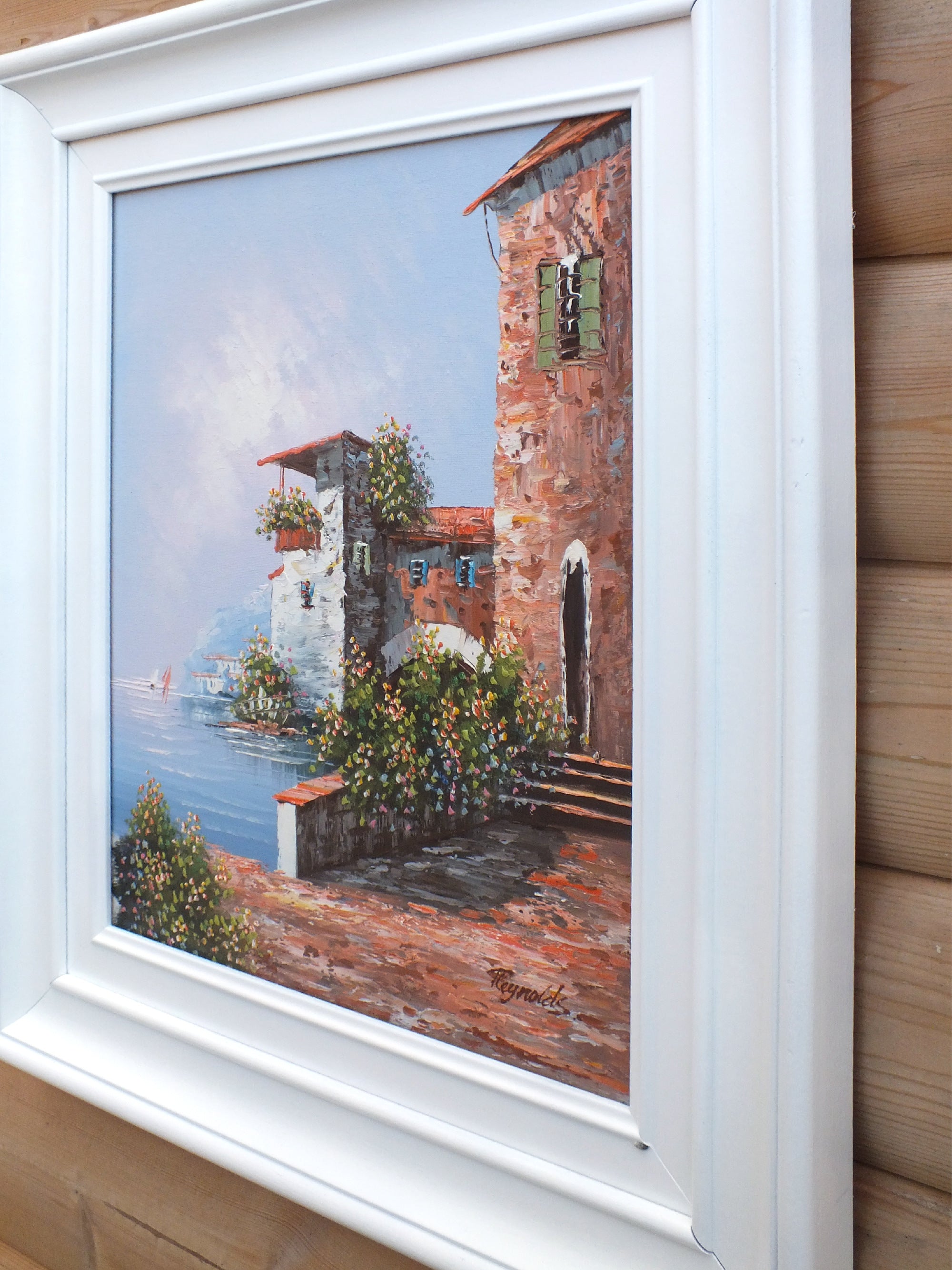 Greek Coastal Village Scene Oil Painting Framed Signed Original