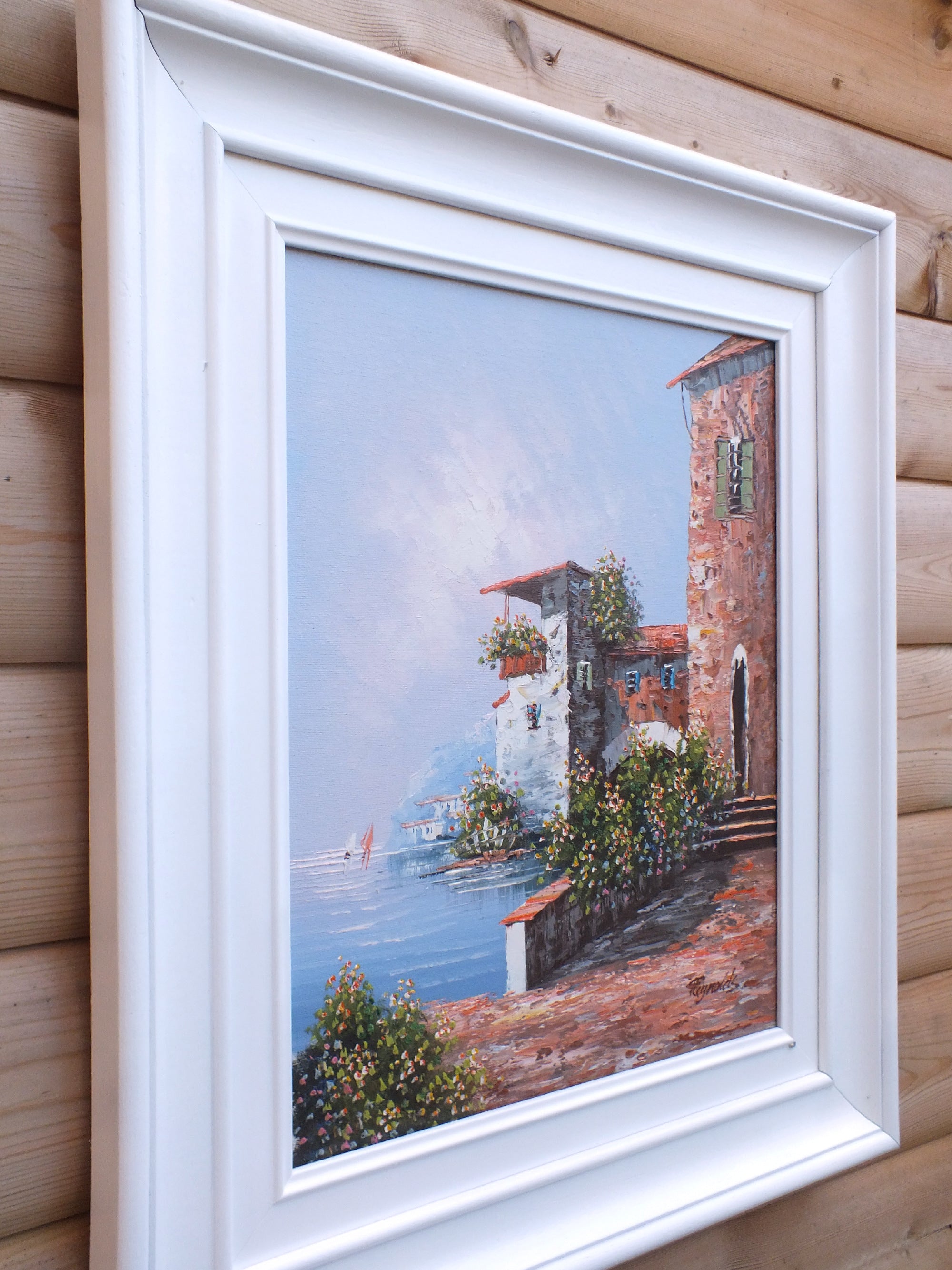 Greek Coastal Village Scene Oil Painting Framed Signed Original