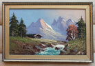 Swiss Alpine Mountain Cabin Scene Oil Painting Framed Original