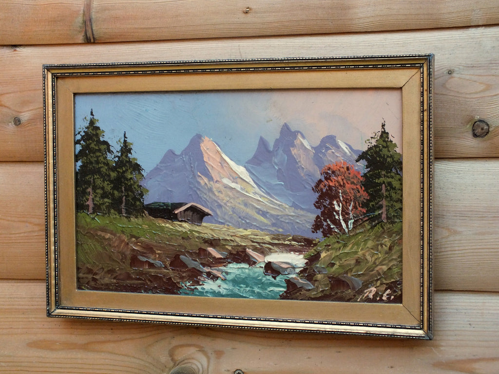Swiss Alpine Mountain Cabin Scene Oil Painting Framed Original