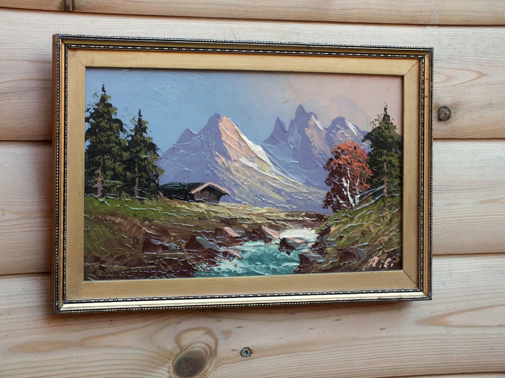 Swiss Alpine Mountain Cabin Scene Oil Painting Framed Original