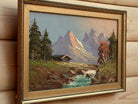 Swiss Alpine Mountain Cabin Scene Oil Painting Framed Original