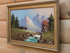 Swiss Alpine Mountain Cabin Scene Oil Painting Framed Original