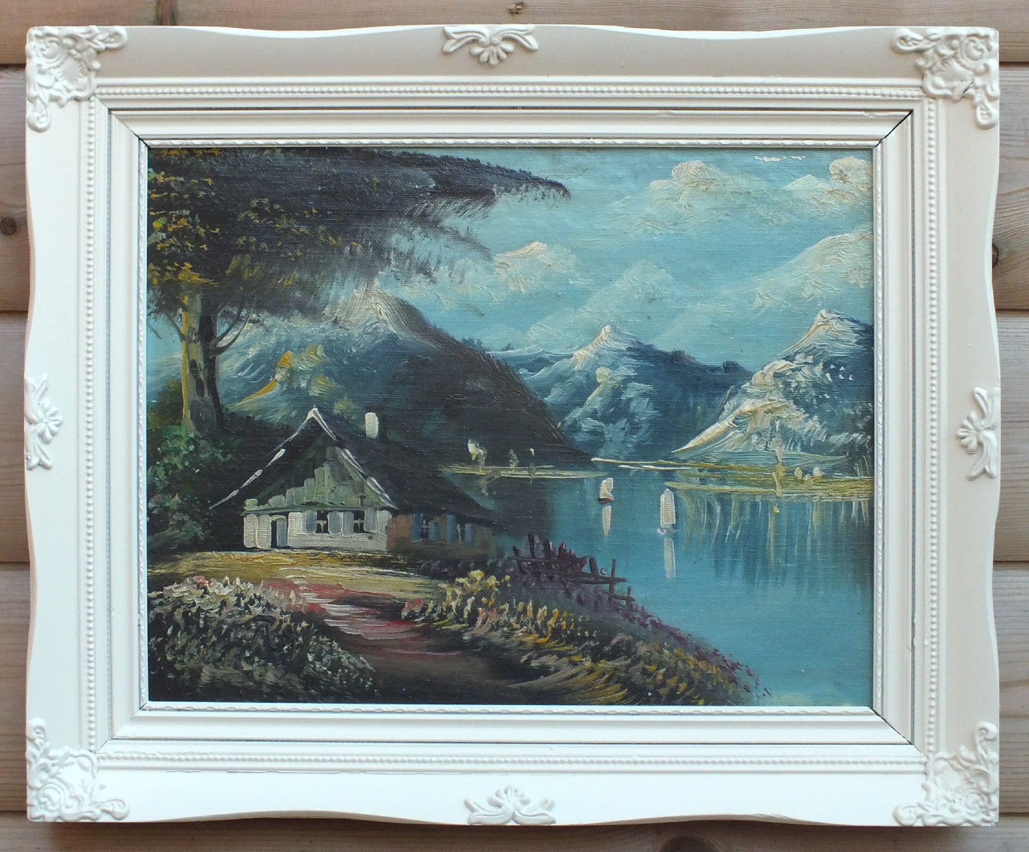 Swiss Lake, Alpine Mountain Cabin Scene Oil Painting Framed Original