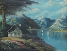 Swiss Lake, Alpine Mountain Cabin Scene Oil Painting Framed Original