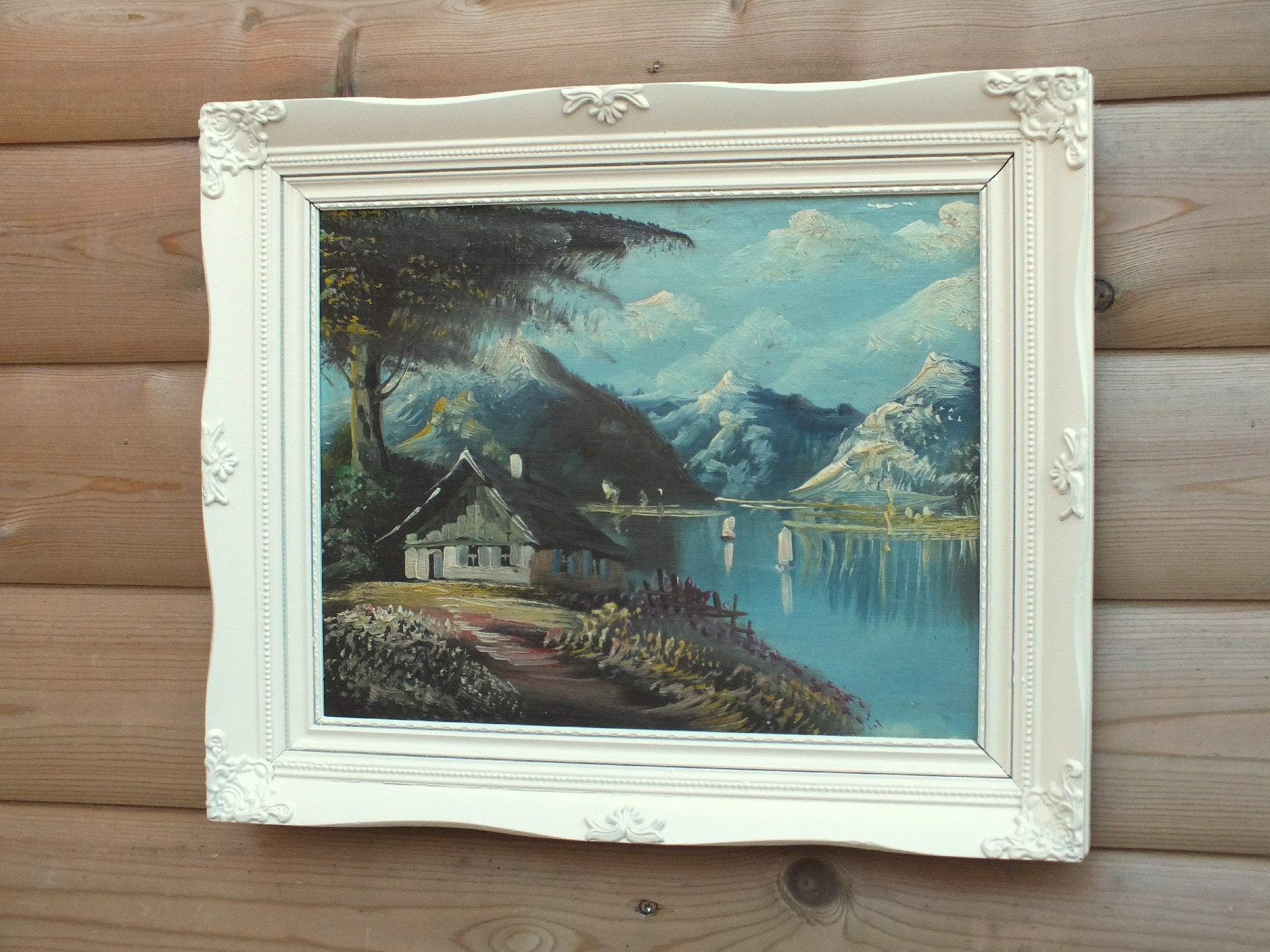 Swiss Lake, Alpine Mountain Cabin Scene Oil Painting Framed Original