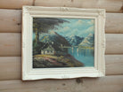 Swiss Lake, Alpine Mountain Cabin Scene Oil Painting Framed Original