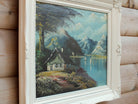 Swiss Lake, Alpine Mountain Cabin Scene Oil Painting Framed Original