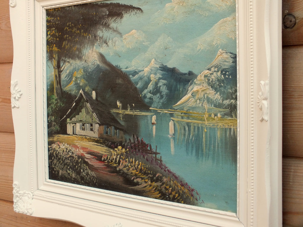 Swiss Lake, Alpine Mountain Cabin Scene Oil Painting Framed Original