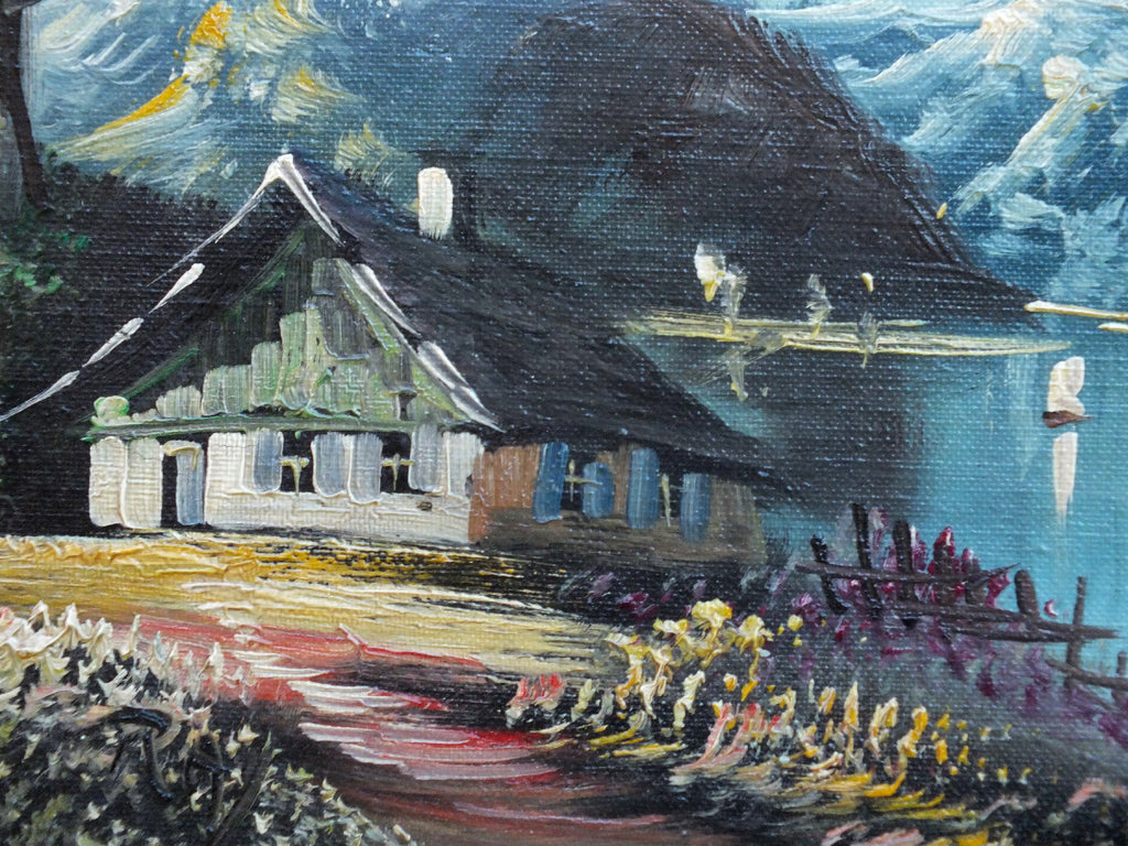 Swiss Lake, Alpine Mountain Cabin Scene Oil Painting Framed Original