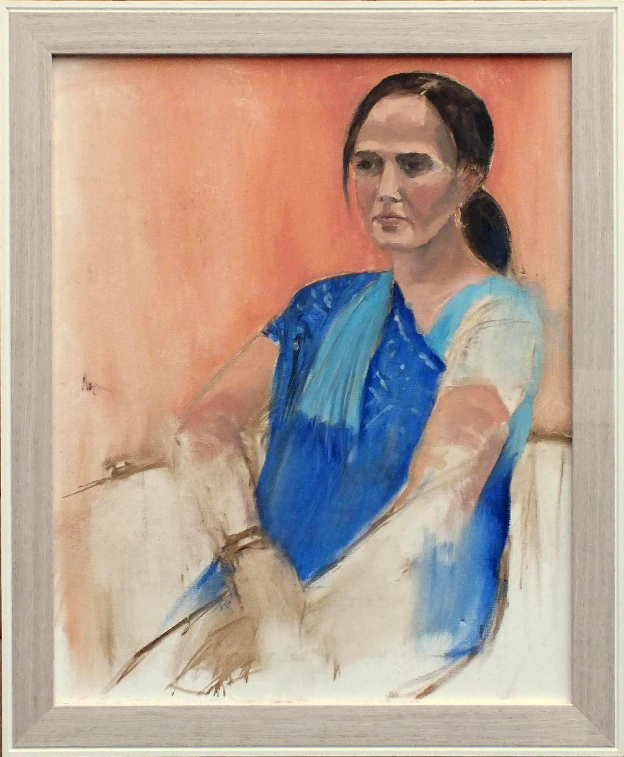 Woman in Blue Saree, Portrait Framed Oil Painting Penny Manners