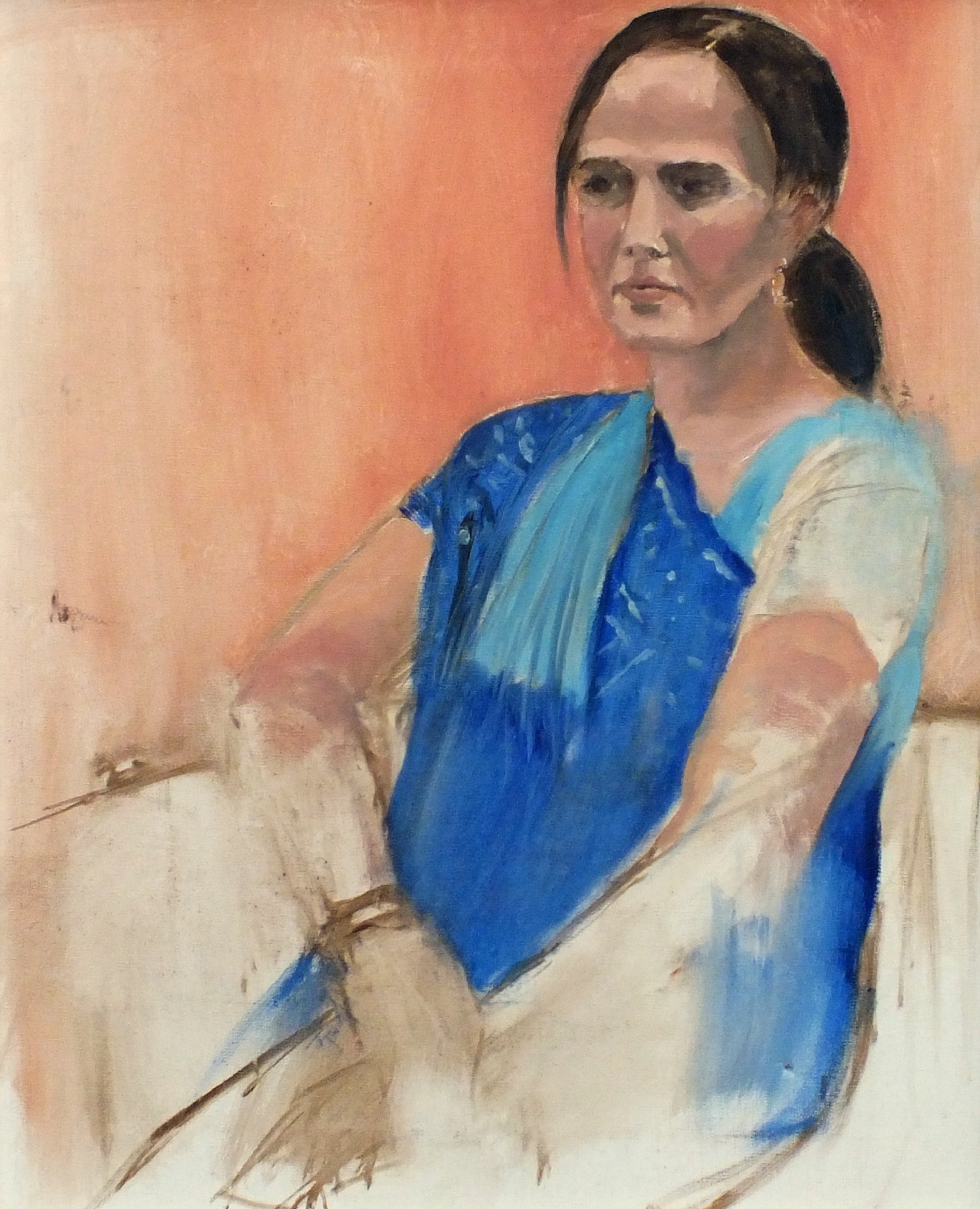 Woman in Blue Saree, Portrait Framed Oil Painting Penny Manners