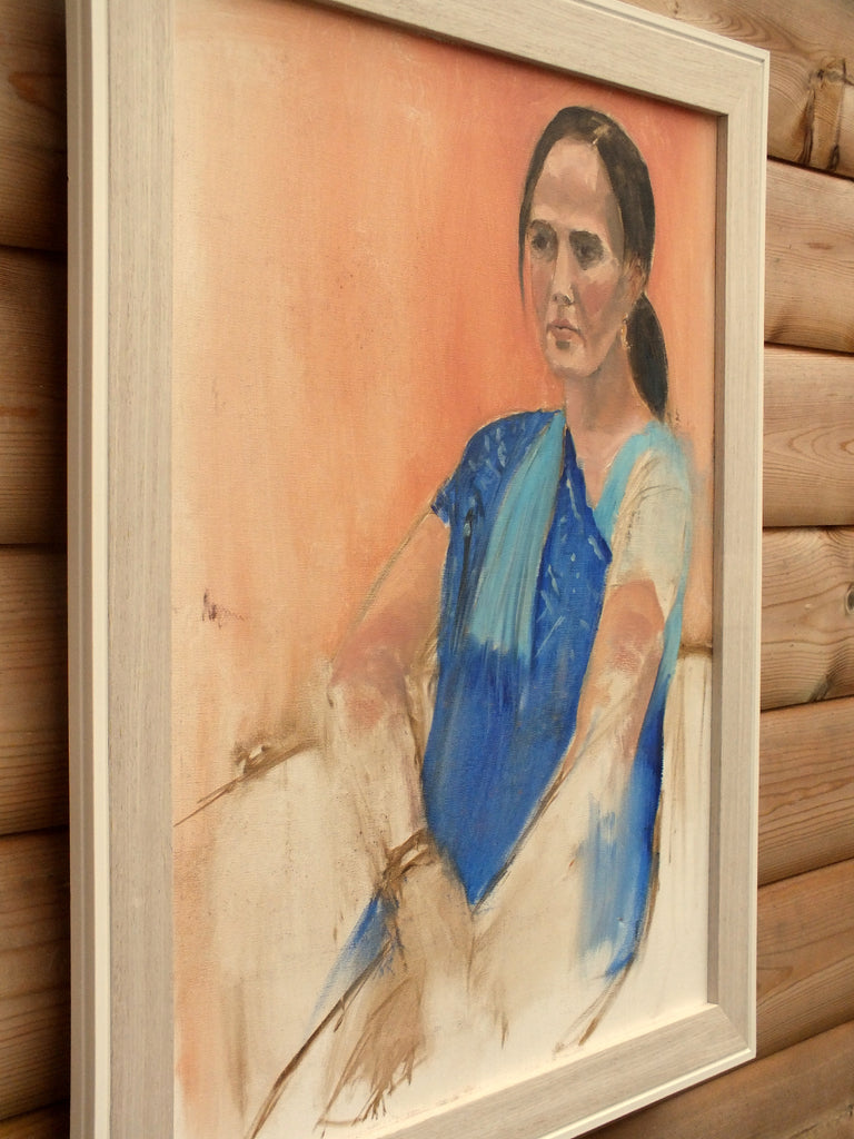 Woman in Blue Saree, Portrait Framed Oil Painting Penny Manners