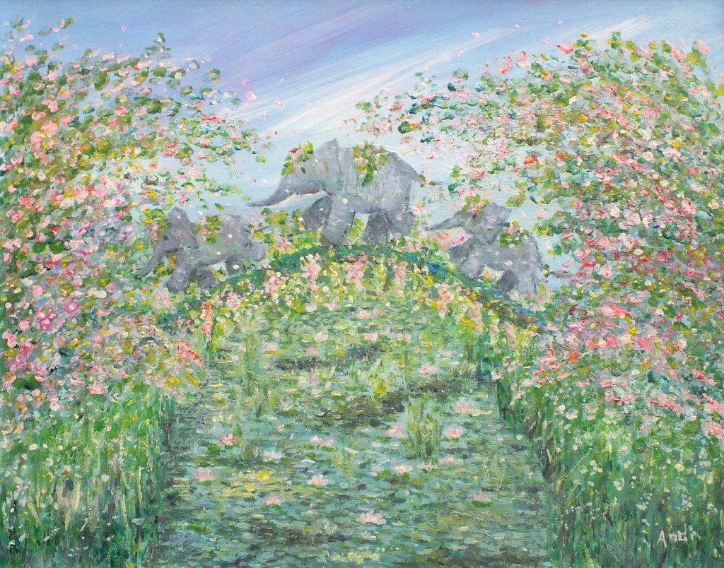 Elephants Painting Bridge over Lily pond landscape Fantasy Glitter