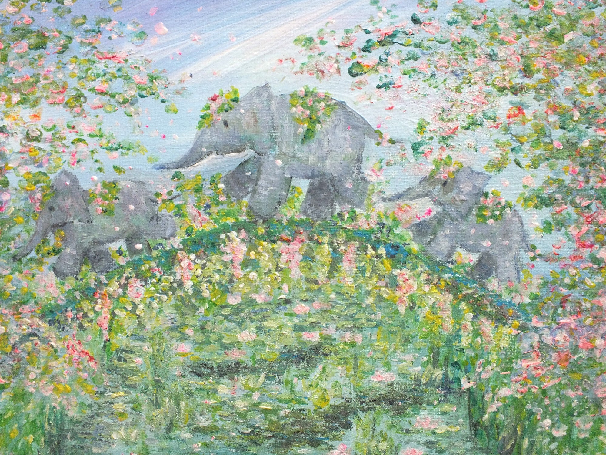 Elephants Painting Bridge over Lily pond landscape Fantasy Glitter