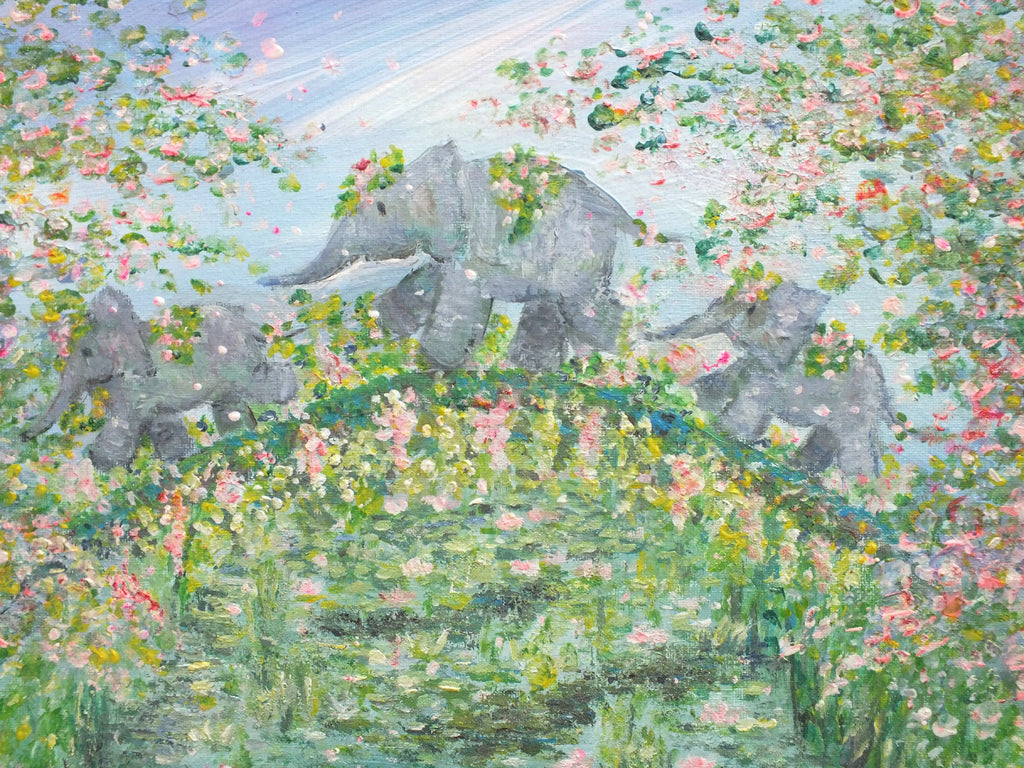 Elephants Painting Bridge over Lily pond landscape Fantasy Glitter
