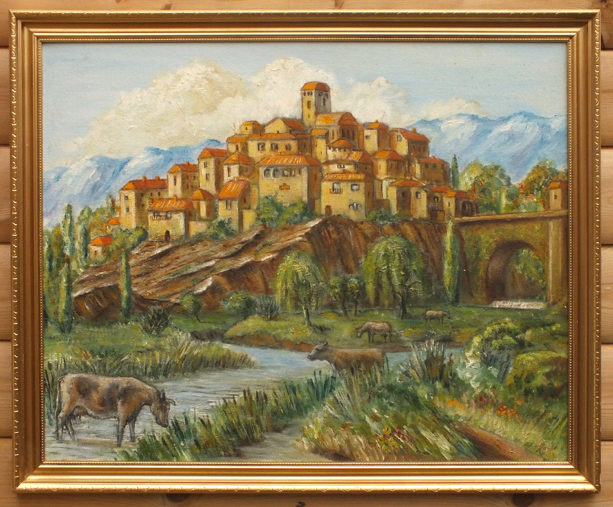 Tuscan Hilltop Town, Italian Landscape Oil Painting Signed Framed Original