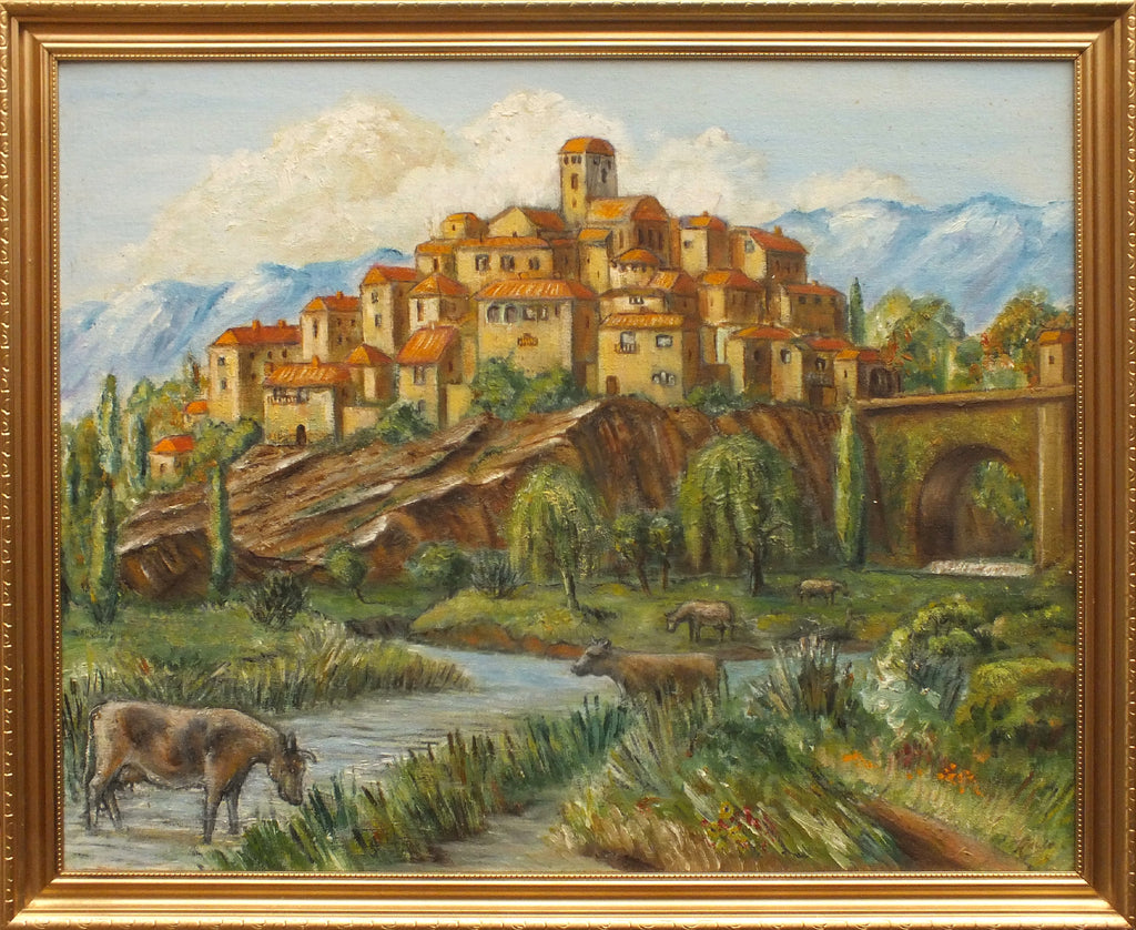 Tuscan Hilltop Town, Italian Landscape Oil Painting Signed Framed Original