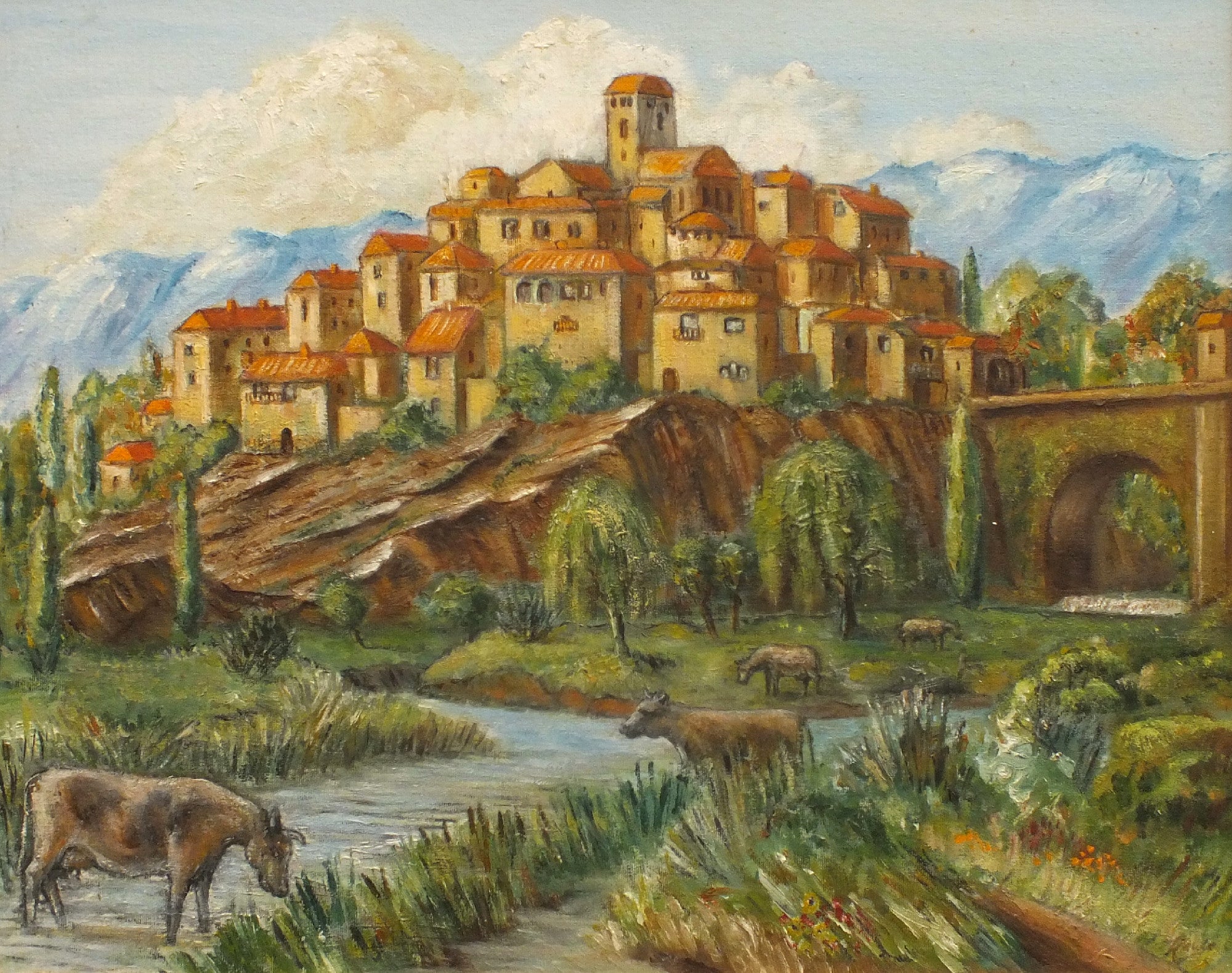 Tuscan Hilltop Town, Italian Landscape Oil Painting Signed Framed Original