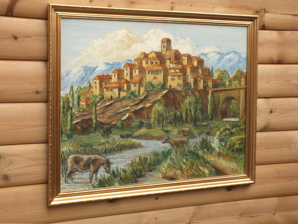 Tuscan Hilltop Town, Italian Landscape Oil Painting Signed Framed Original