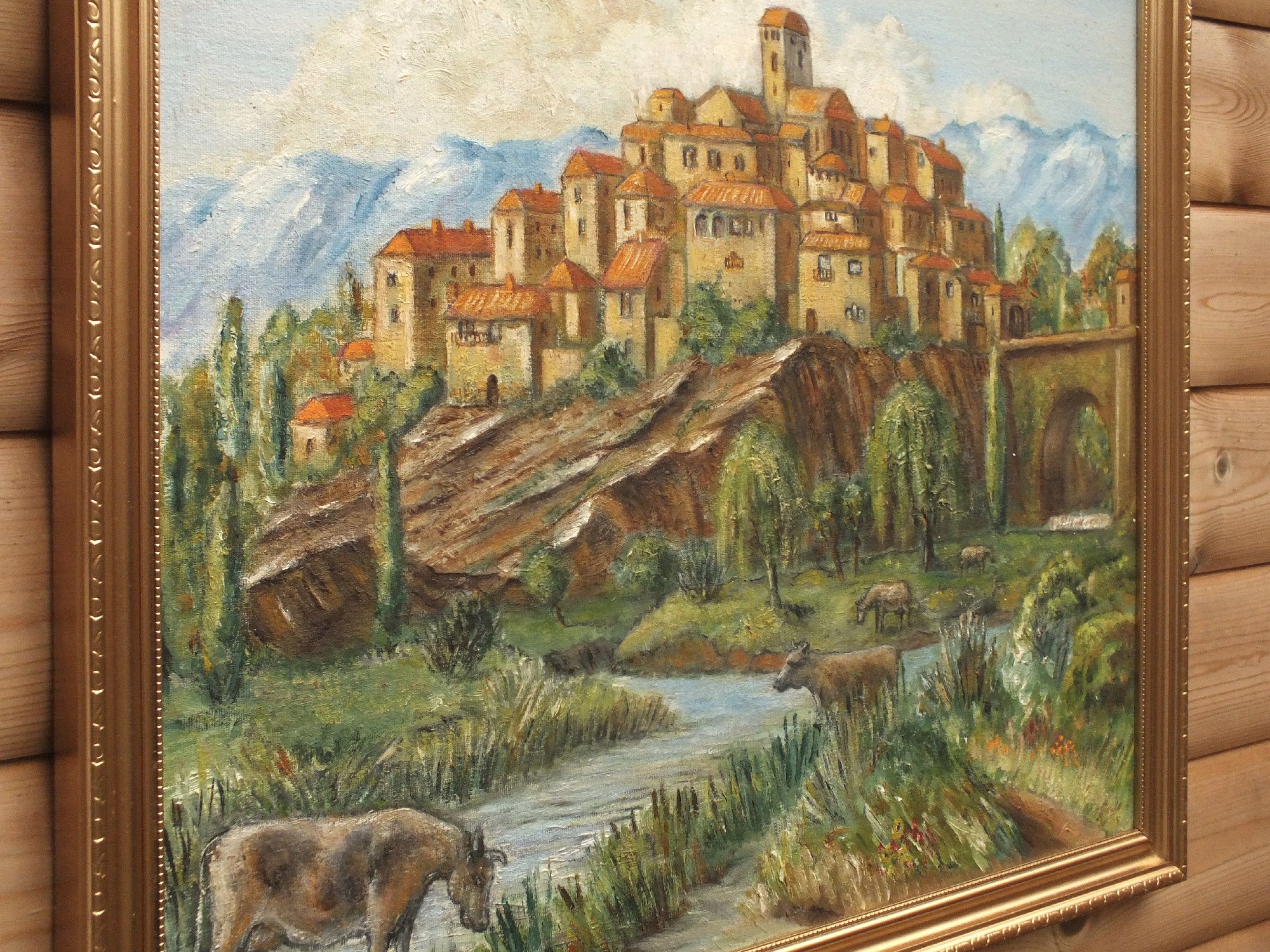 Tuscan Hilltop Town, Italian Landscape Oil Painting Signed Framed Original