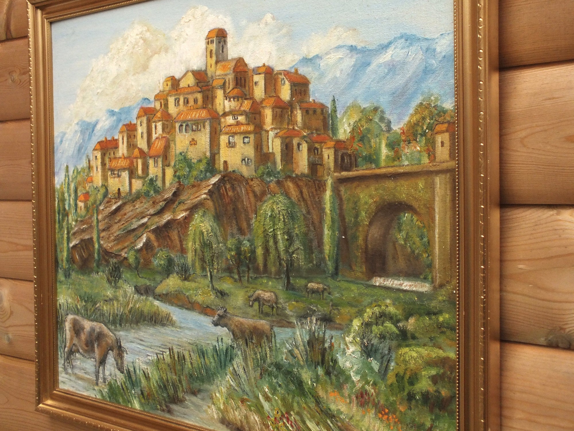 Tuscan Hilltop Town, Italian Landscape Oil Painting Signed Framed Original