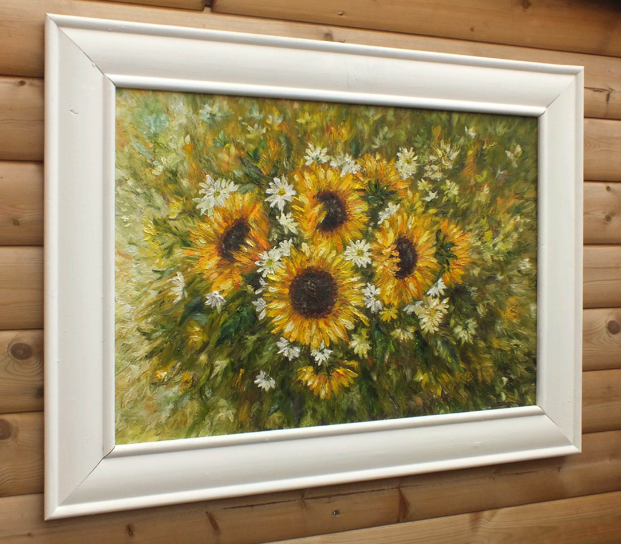 Sunflowers and Marguerites, Original Flowers Painting Impasto Framed