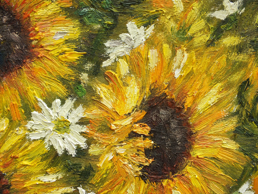 Sunflowers and Marguerites, Original Flowers Painting Impasto Framed