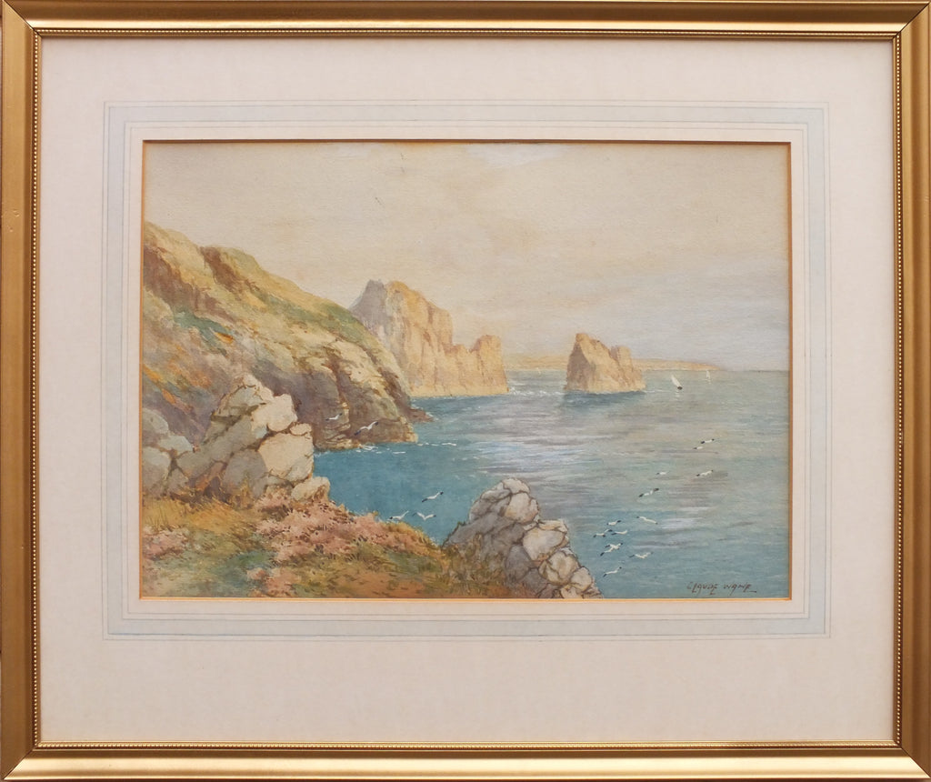 Antique Watercolor Painting, Fiquet Bay, Jersey Landscape, Framed Original, Claude Wane
