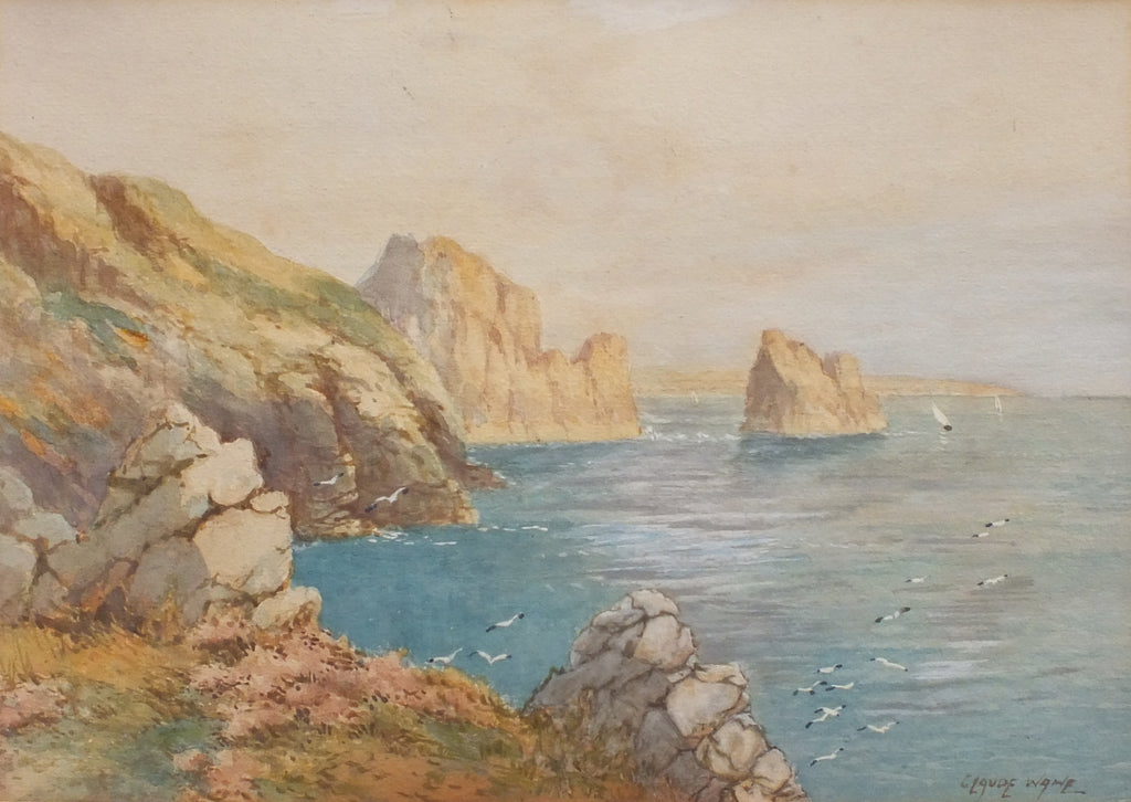Antique Watercolor Painting, Fiquet Bay, Jersey Landscape, Framed Original, Claude Wane